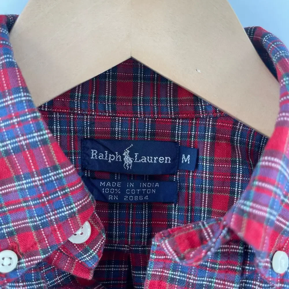 RALPH LAUREN Boys Button Down Shirt Size Medium Plaid Tartan 100% Cotton Red